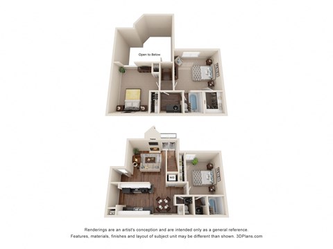 a stylized floor plan of a 3 bedroom apartment